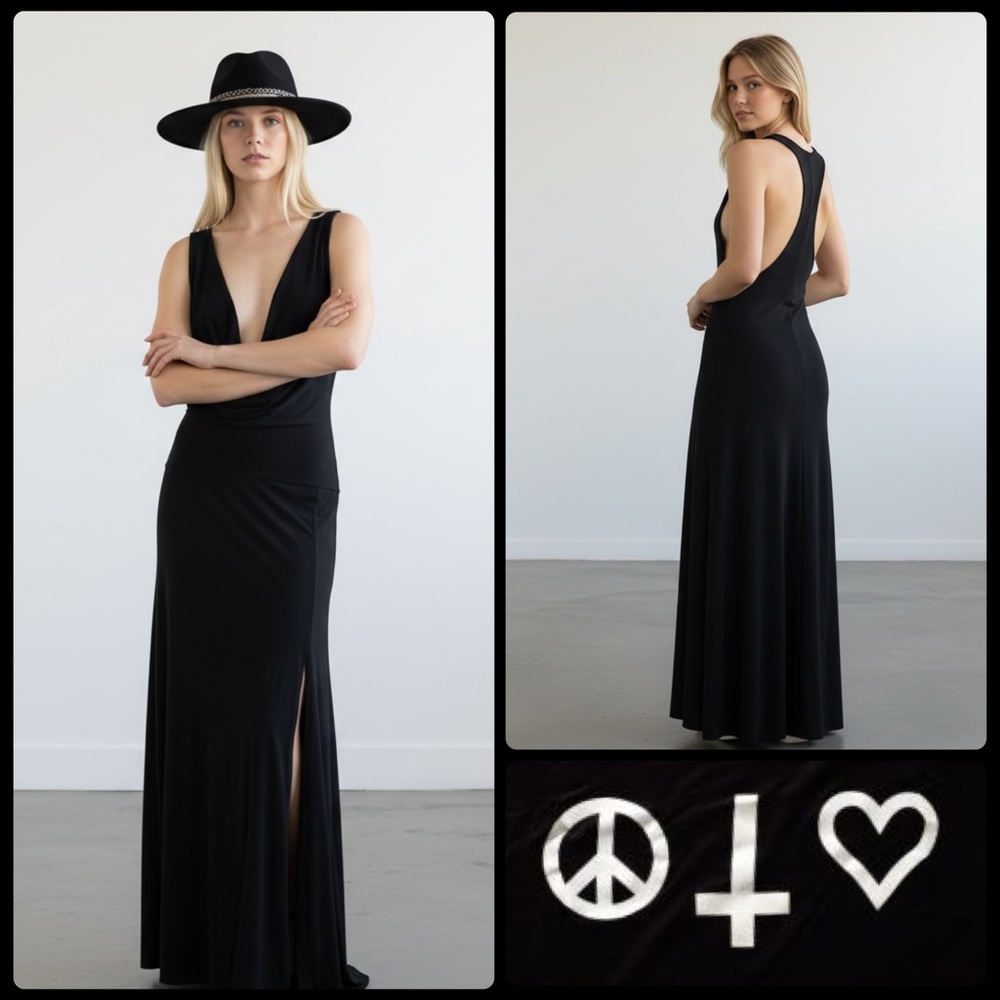 Religion Black Plunge Maxi Dress – Open Back, High Slit, Gothic Minimal – Size 4